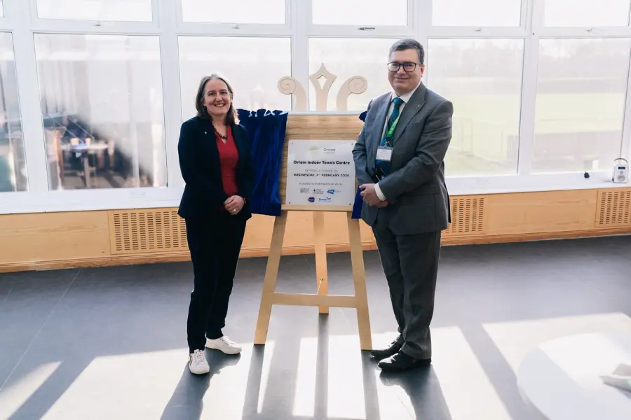 Maree Todd MSP and Prof. Richard A. Williams, Principal and Vice Chancelor of Heriot-Watt University Unveil Plaque to Celebrate the Opening of Oriam Indoor Tennis Centre
