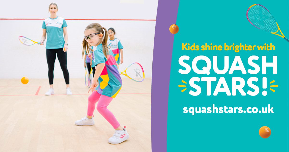 Text: Kids shine brighter with Squash Stars! squashstars.co.uk. Image:  Female coach in turquoise top with young female squash player wearing pink leggings and multi-coloured top on squash court, in action with squash racquets. 