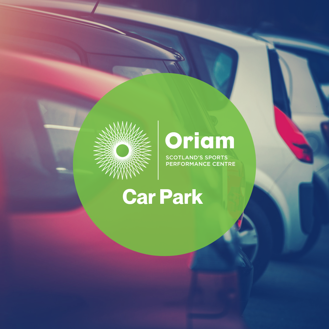 Foreground, green circle in centre of image with Oriam logo and 'Car park' in white text enclosed. Background image of cars in car park. 