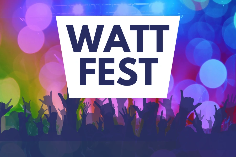 Watt Fest in navy text on white background square. Festival scene in the background with flared light spots in rainbow colours.