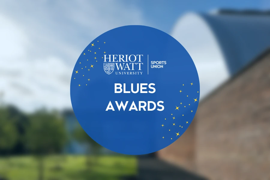 Blue circle in centre of image with Heriot-Watt Sports union logo and 'Blues Awards' in white text. gold stars scattered around edge of circle. 