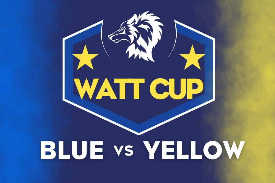 Watt Cup Promotional image. White Wolf profile outline above yellow text 'Watt Cup' followed by 'Blue vs Yellow' in white text below.