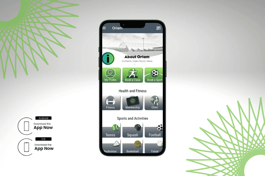 Promotional image for Oriam App. Mock-up of Oriam home page on a mobile device. Neutral background with green oriam spirals in corners.